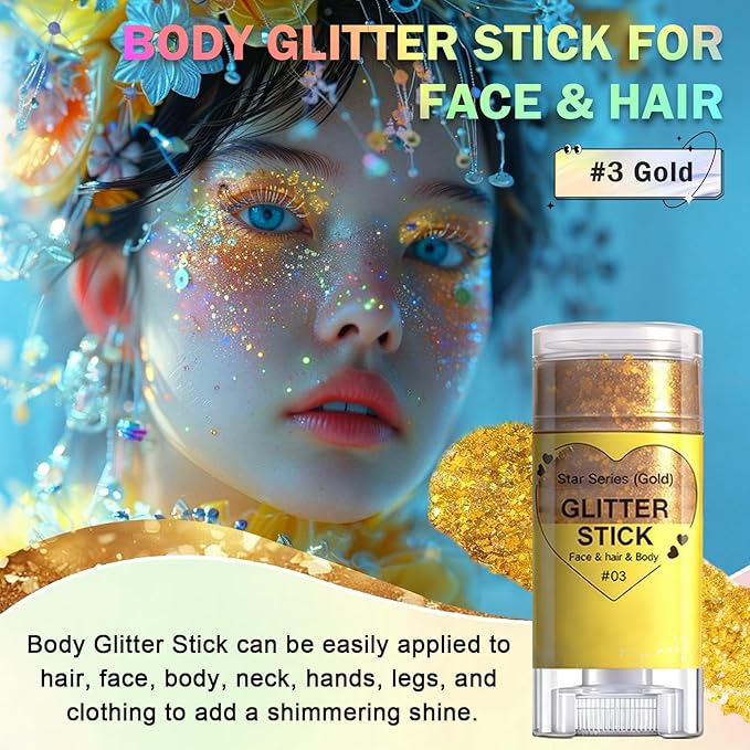 Gold Body Glitter Stick, Face Body Glitter Gel Holographic Hair Glitter Halloween Chunky Sequin Waterproof Face Paint Stick Glitter Makeup for Women