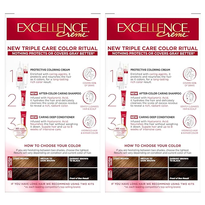 L'Oreal Paris Excellence Crème Permanent Hair Dye, Triple Care Hair Color with Pro-Keratine Complex for 100% Gray Hair Coverage, 4A Dark Ash Brown, 1 Kit (Pack of 2)