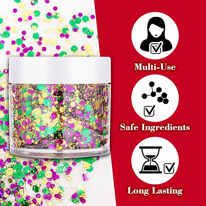 Mardi Gras Gold Hair Face Glitter,Mardi Gras Outfit for Women,Green Purple Gold Mixed Holographic Body Glitter,Festival Chunky Sequins Carnival Costume New Orleans Decorations