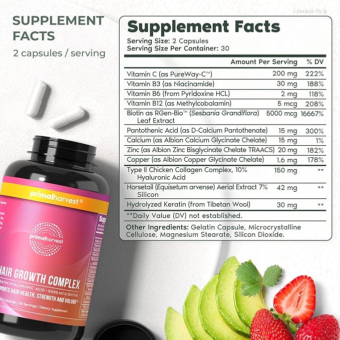 Primal Harvest Hair Growth Vitamins, Hair Growth for Women & Men - 60 Hair Growth Pills, Natural Hair Thickening Products for w/Biotin & Zinc - Hair Supplement, Regrowth Hair Vitamins