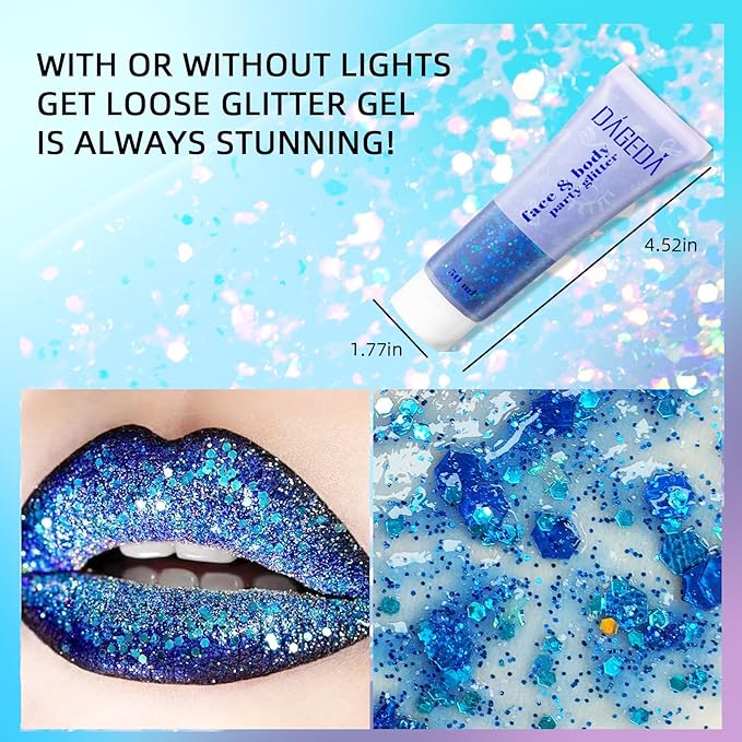 DAGEDA Body Glitter Gel, Face Glitters Body Gel Sequins Shimmer Liquid Eyeshadow, Chunky Glitter for Face Hair Nails, Holographic Cosmetic Laser Powder Festival Glitter Makeup 50ml(Blue)