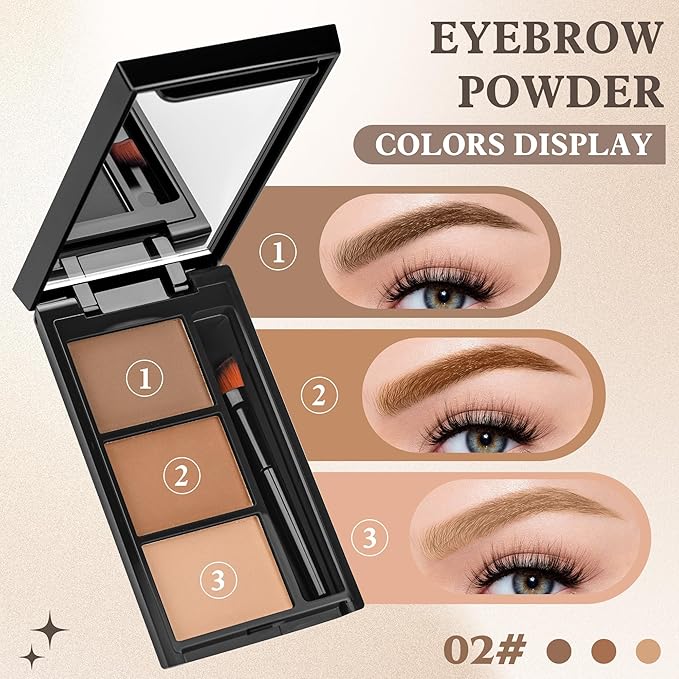Eyebrow Powder，Eyebrow Kit Makeup Palette，3 Colors Eye Brow Powder With Mirror&Brow Brush for Women，LongLasting，Waterproof，Fill & Sculpt，Defined Natural Brows，Friendly Compact，Dark/light Brown 02