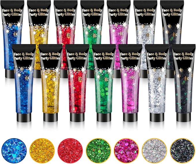 AROIC Face Glitter, 14Pcs Body & Hair Glitter Gel Sparkle Makeup for Women Party Rave Outfits, Concerts Festival Face Paint，Rave Accessories for Music Festivals Black Light Party (7 Colors)