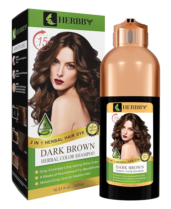 HERBBY Hair Color Shampoo for Gray Hair Coverage&Color Transform with 9 Herbal Extracts –Long Lasting(6-8 Weeks),Shiny,Evenly Colored,Instant Hair Dye Shampoo&Conditioner, 500 Ml (DARK BROWN COLOR)