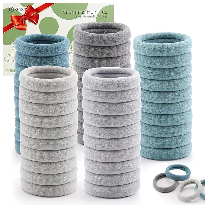 100 Pcs Thick Seamless Hair Ties, Ponytail Holders Hair Accessories No Damage for Thick Hair Christmas Gift(Cool Colors)