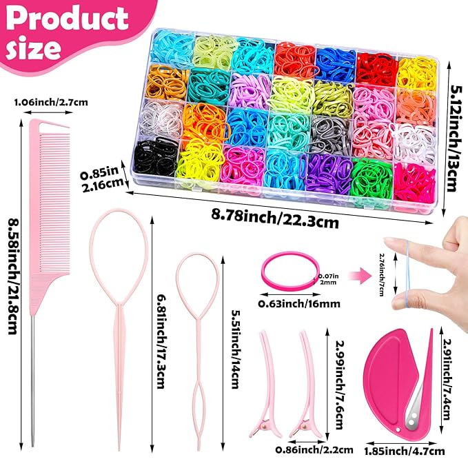 28 Colored Rubber Bands for Hair, 1500 Pcs Small Girls Elastic Ties With 6 Styling Tools - Colorful Accessories for Baby Toddlers Kids