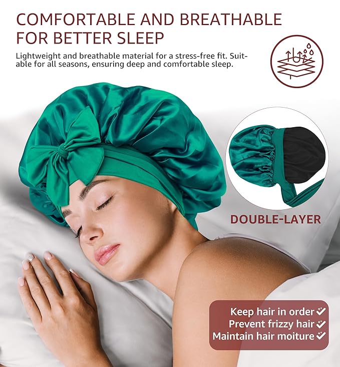 HiRui Silk Satin Bonnet for Sleeping Women, Double-Layer Sleep Cap Shower Cap with Adjustable Tie, Moisture Retaining Satin Lined Hair Bonnet for Curly and Natural Hair (Cyan/Black, Medium)
