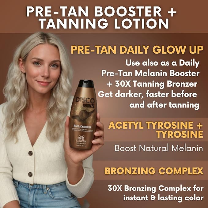 Disco Bronze Tanning Lotion with Bronzer – Bronzing Accelerator 30X DHA Indoor/Outdoor Tanning Bed Lotion for Men & Women, DHA Self Tanner, Skin Firming Ingredients, Hypoallergenic, Get Dark Fast