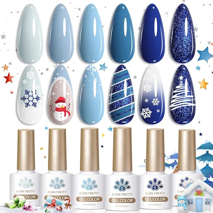 Born Pretty Christmas Blue Gel Nail Polish,Light Baby Sky Blue to Dark Navy Royal Shades 6 Colors Glitter Nail Gel Polish Kit Nail Art Manicure DIY Set Home and Salon Holiday Gifts