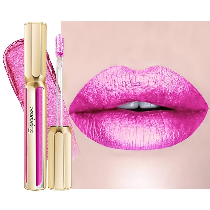 Hot Pink Lipsticks for Women Metallic Lipstick Long Lasting Non Stick Cup Lip Gloss, Shimmer Lightweight Hydrating Full Coverage Lip Color,DP112 Show Girl