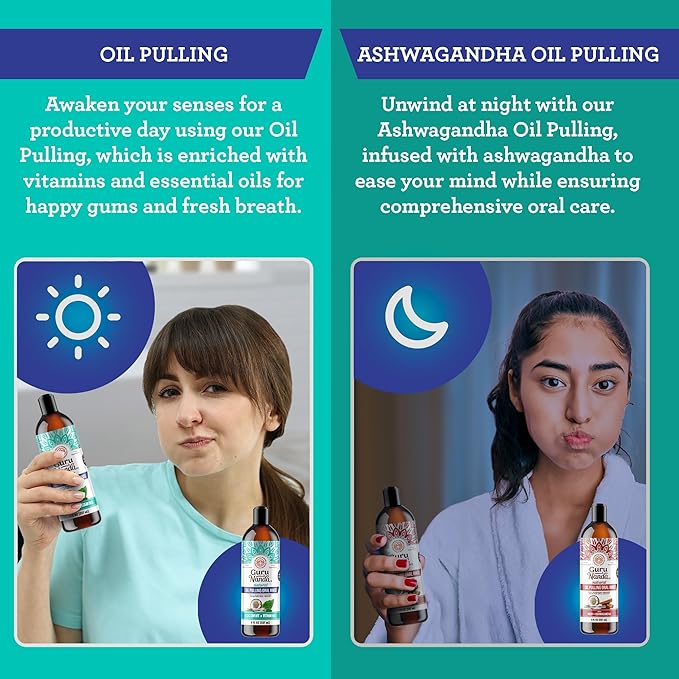 GuruNanda CocoMint Oil Pulling Mouthwash for Complete Oral Hygiene, 7 Essential Oils & Vitamins for Happy Teeth & Gums & Fresh Breath, with 2 Toothbrushes & 2 Tongue Scrapers, Alcohol-Free, 3X8 oz