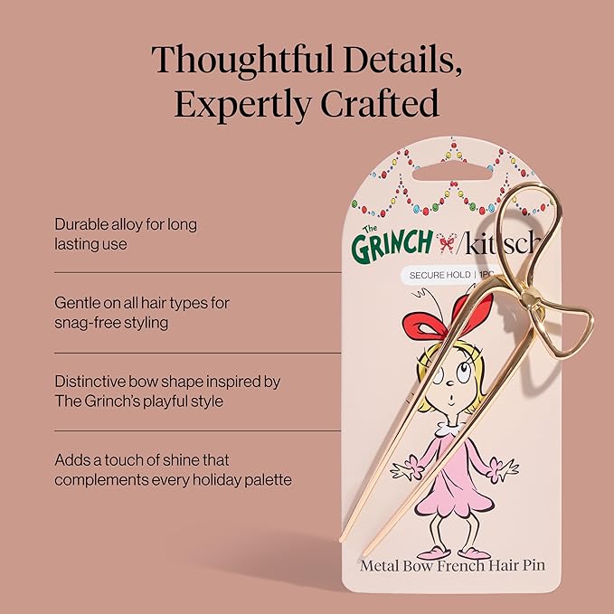 The Grinch x Kitsch Gold French Hair Pin with Bow Design - Durable Metal Hair Pin for Effortless Updos, Half-Up Style | Lightweight & Ideal Stocking Stuffers | Ideal Gifts for Women - 1pc