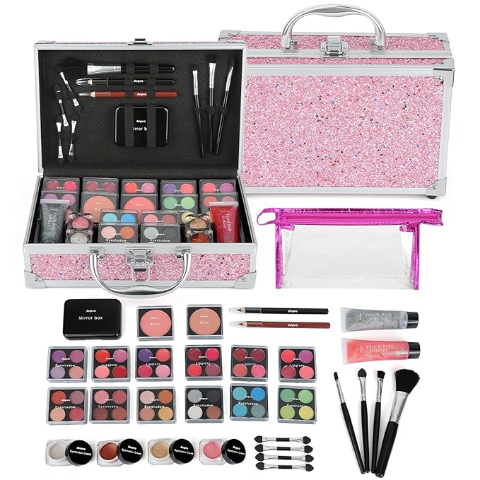 Anpro All-In-One Makeup Kit for Girls 10-12 with Case, Pro Teen Makeup Set, Tween Makeup Kit for Teens Women, Full Make Up Starter Kit with Brushes, Lipstick, Eye Shadow, Palette, Blush, Glitter Gel