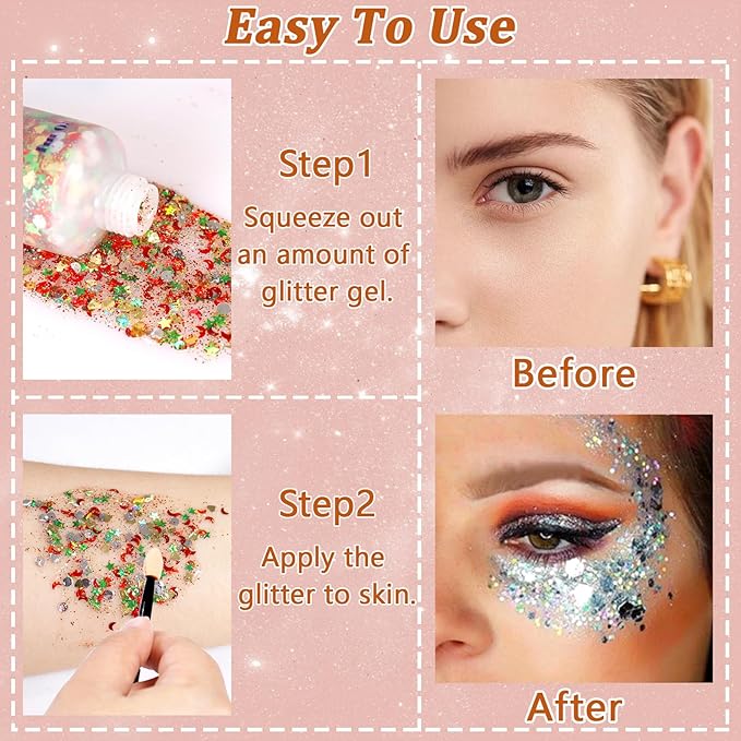 Boko 50ML Body Glitter Gel, Pink Chunky Glitter Gel for Face Hair Body Love Heart Makeup, Mermaid Face Glitter Sequins for Festival Music Concert Party Rave Accessories