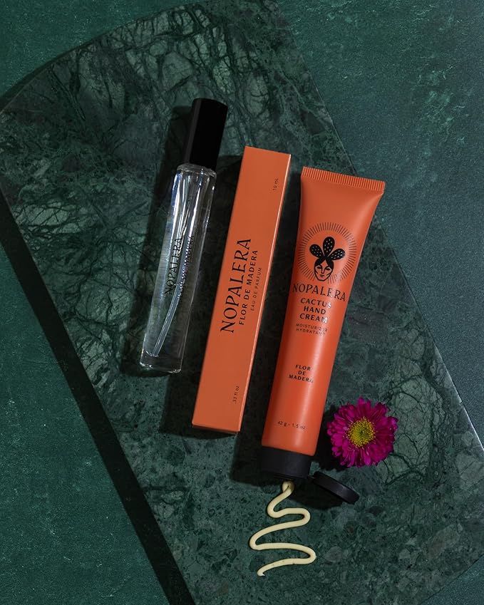 Nopalera Hand Cream + Travel Fragrance Gift Set, Flor de Madera Scent, Fresh Floral Woody Eau de Parfum 10ml and Cactus Hand Cream 1.5 oz