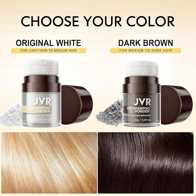 JVR Dry Shampoo Powder Absorbs Oil in Hair, Volumizing, Dry Shampoo for Women & Men, Freshens Hair, Mattifying Root Boost with Tea Extract, Non-Aerosol for Oily Hair Travel Size 0.35 oz (Dark Brown)
