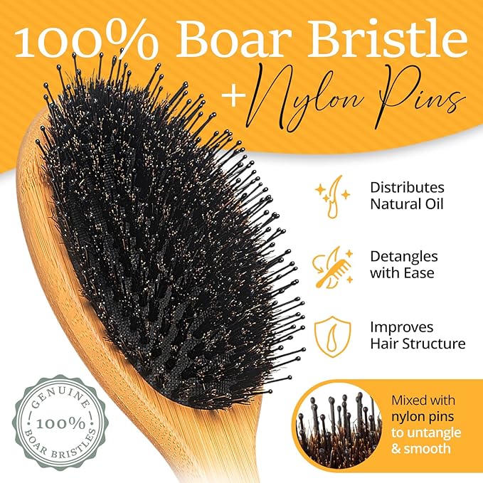 Premium Boar Bristle Hair Brush for Thick Hair Set. Hairbrush for Women With Thick, Long or Curly Hair. Restores Hair's Shine and Health. Comb, Travel Bag & Spa Headband Included