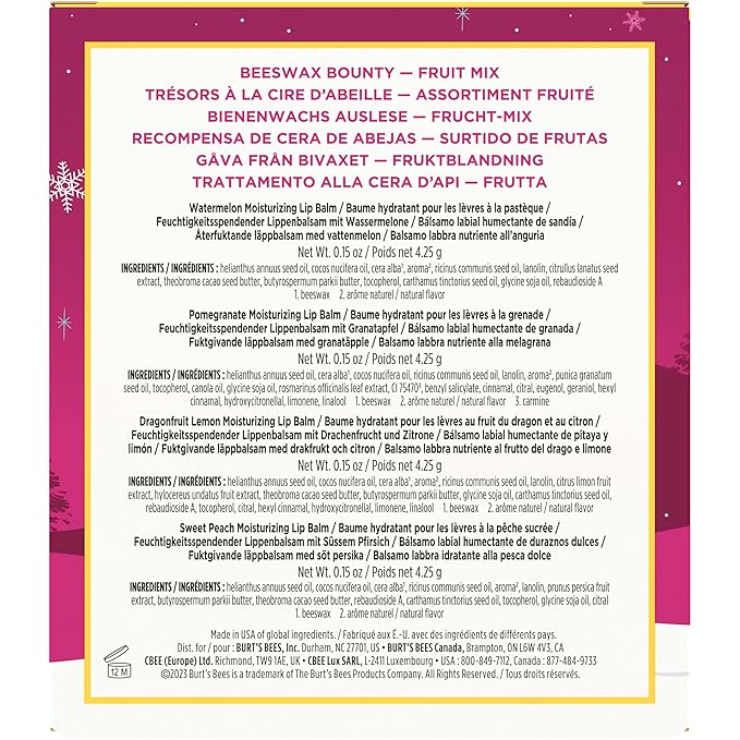 Burt's Bees Christmas Gifts, 4 Lip Balms Stocking Stuffers Products, Beeswax Bounty Fruit Mix - Watermelon, Pomegranate, Dragonfruit Lemon & Sweet Peach (4-Pack)