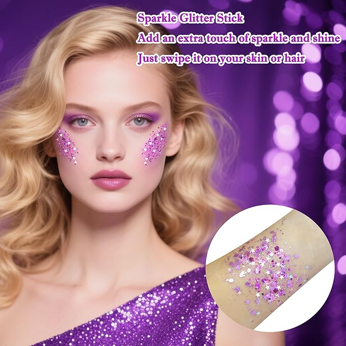 MEICOLY Light Purple Hair Glitter Stick for Women,Halloween Face Glitter Stick Spirit Week Wear,Women Costume Sparkle Chunky Glitter Makeup,Waterproof Body Glitter for Party Rave Festival
