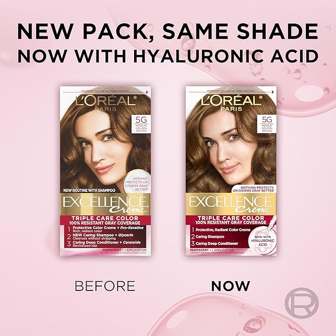 L'Oreal Paris Excellence Crème Permanent Hair Dye, Triple Care Hair Color with Pro-Keratine Complex for 100% Gray Hair Coverage, 5G Medium Golden Brown, 1 Kit (Pack of 2)