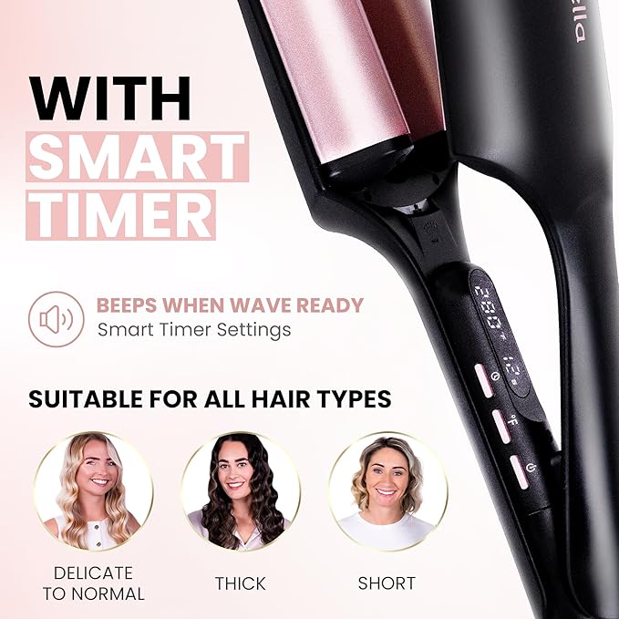 ELLA BELLA® Ultimate Waver Curling Iron • Crimper Hair Tool • Adjustable Heat Settings • Dual Voltage Hair Curler • Anti-Scald Tech • Ionic Ceramic Coating for Long-Lasting, Frizz-Free Beach Waves