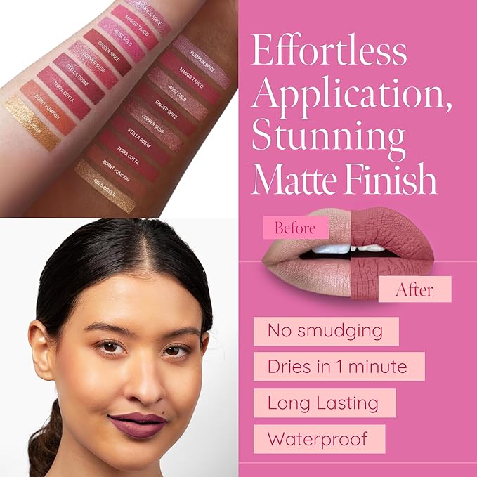 Aromi Rosy Chestnut Matte Liquid Lipstick | Warm, Earthy Rose Lip Color, Vegan, Cruelty-free, Smudge Proof + Long-Lasting Lipstick (Stella Rosae)