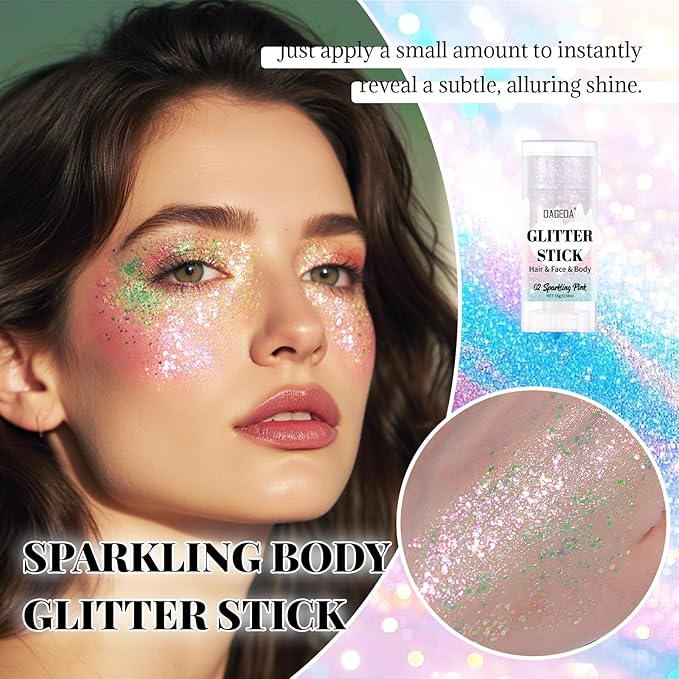 DAGEDA Sparkling Pink Body Glitter Stick,Sparkly Face Glitter Makeup,Holographic Hair Glitters Mermaid Makeup Rave Outfits for Women, Shimmer Face Paint Stick Singer Concert Accessories