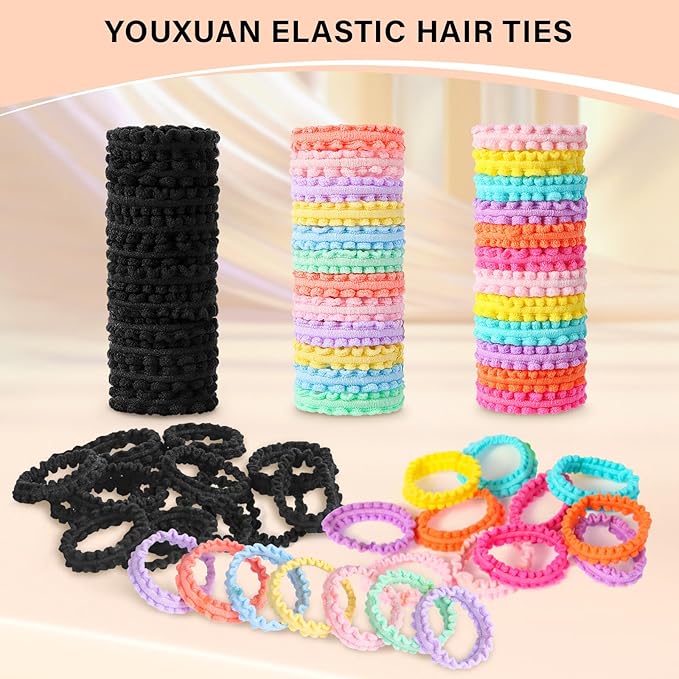 Youxuan Black Small Elastic Hair Ties, Soft, Stretchy, and Non-Damage Hair Bands, 100 Pcs Strong, Durable Mini Rubber Bands for Toddlers, Girls and Women