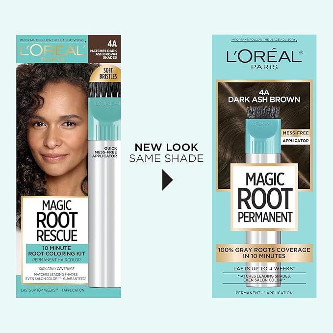L’Oréal Paris Magic Root Permanent Hair Color, 10 Minute Hair Dye Kit to Rescue Roots with 100% Gray Hair Coverage, 4A Dark Ash Brown, 2 Pack (Packaging May Vary)