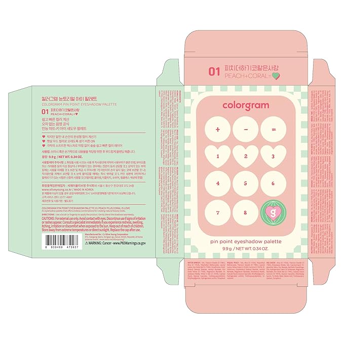 COLORGRAM Pin Point Eyeshadow Palette 01 Peach+Coral= | Ultra-Blendable Matte, Glitter, Shimmer Shades for Daily Makeup | K-Beauty Eye Palette with Easy-to-Use Calculator Design