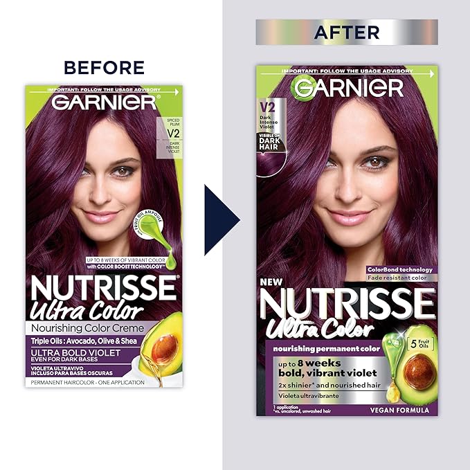 Garnier Hair Color Nutrisse Ultra Color Nourishing Creme, V2 Dark Intense Violet (Spiced Plum) Purple Permanent Hair Dye, 2 Count (Packaging May Vary)