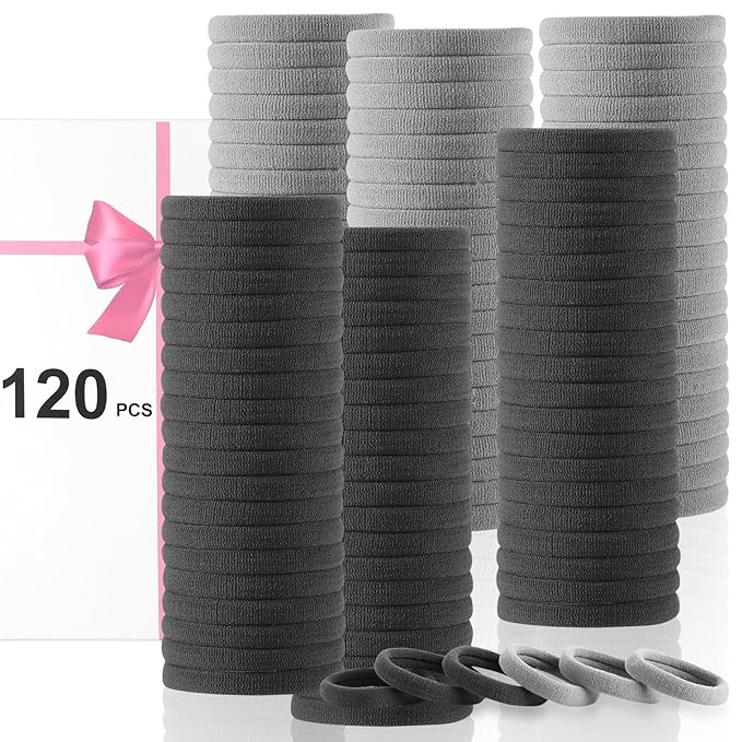 LuSeren 120 Pcs No Damage Hair Ties for Thick Hair, Large Soft Seamless Nylon Hair Elastics for Women, Ponytail Holders, Hair Accessories – Light Grey and Grey Color