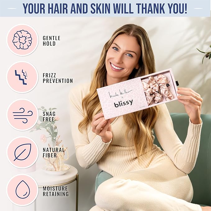 Blissy Silk Scrunchies (3 Pack) - 100% Pure Mulberry Silk - 22 Momme 6A High-Grade Fibers Scrunchie for Straight & Curly Hair (Nicole Miller - Mauve Cheetah, Regular)