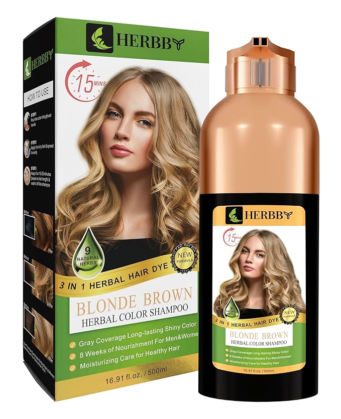 HERBBY Hair Color Shampoo for Gray Hair Coverage&Color Transform with 9 Herbal Extracts –Long Lasting(6-8 Weeks),Shiny,Evenly Colored,Instant Hair Dye Shampoo&Conditioner, 500 Ml (BLONDE BROWN COLOR)
