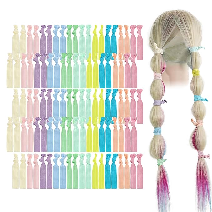 MEEDEE 100 Pack Pastel Rainbow Elastic Hair Accessories: No Crease Soft Ribbon Hair Ties, Knotted Ponytail Holders, Damage-Free Yoga and Workout Hairbands, Colorful Elastic Bracelets