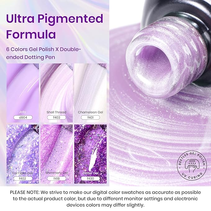 Beetles Purple Gel Polish Set - 6 Color Purple Shimmer Pearl Jelly Gel Polish with Nail Brush Soak Off LED Lamp Swirl Shell Thread Effect DIY Manicure Gifts for Mom