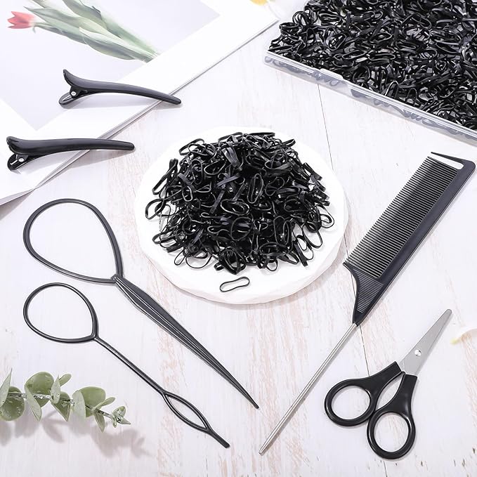 BESARME 1000pcs Mini Rubber Bands, Black Elastic Hair Ties with 6pcs Styling Tools for Baby Girls' Hair Accessories & Christmas Gifts