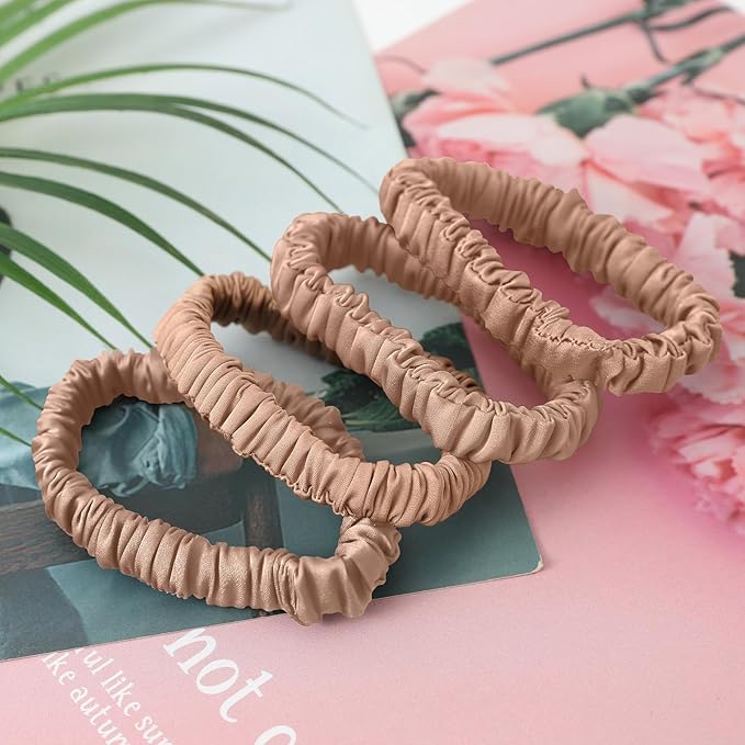 4Pcs 100% Silk Scrunchies Hair Care, Mulberry Silk Skinny Hair Ties Elastic, 22 Momme Mulberry Hair Ties Scrunchies Set Women Curly Thin Hair Champagne