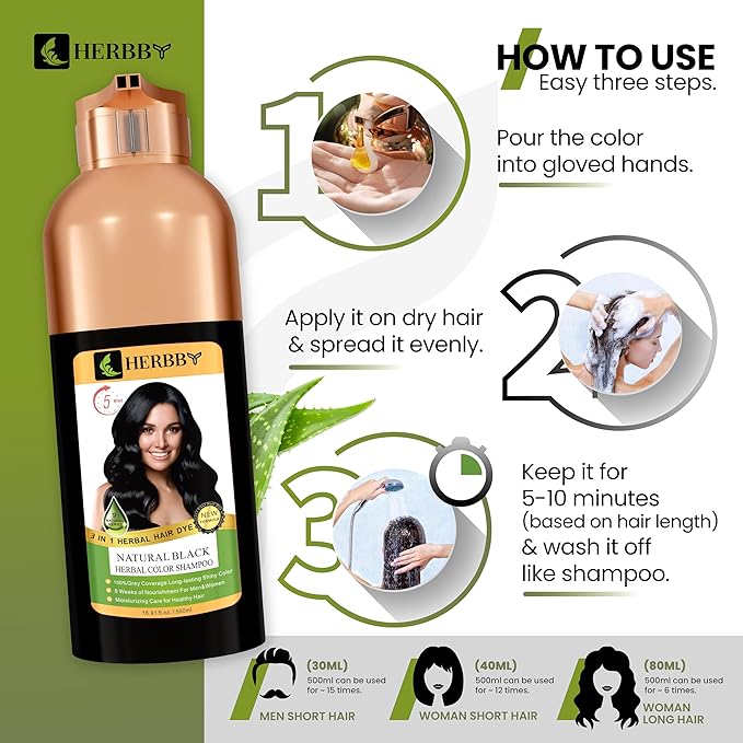 HERBBY Hair Color Shampoo for Gray Hair Coverage&Color Transform with 9 Herbal Extracts –Long Lasting(6-8 Weeks),Shiny,Evenly Colored,Instant Hair Dye Shampoo&Conditioner,500 Ml (NATURAL BLACK COLOR)