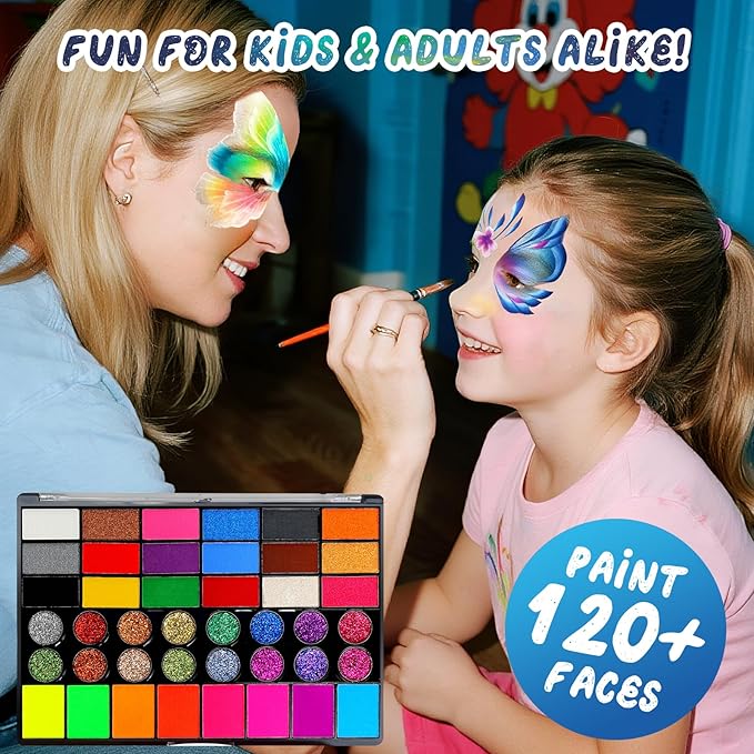 Professional Face Painting Kit – 42 Color Water-Activated Face Paint Makeup Palette with Stencils, Gems & Brushes – Non-Toxic Body Paint for Parties, Festivals, School Events & Carnival