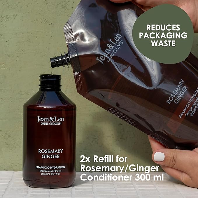 Jean & Len Shampoo Moisturizing Rosemary & Ginger, refill bag, for dry & brittle hair, cleanses & nourishes noticeably, spicy-fresh scent, without silicones and parabens, refill pack 20.29 Fl. Oz.