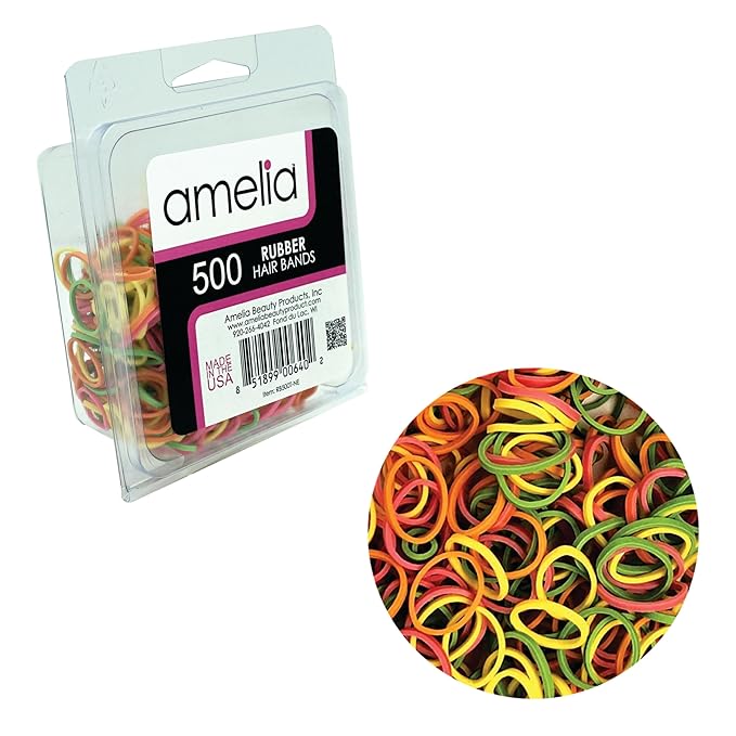 Amelia | 500, 1/2in, Brights Neon Mix, Elastic Rubber Band Pony Tail Holders | Made in USA | Hair Ties for Ponytails, Braids, Twists, Dreadlocks | Styling Accessories for Women, Men and Girls