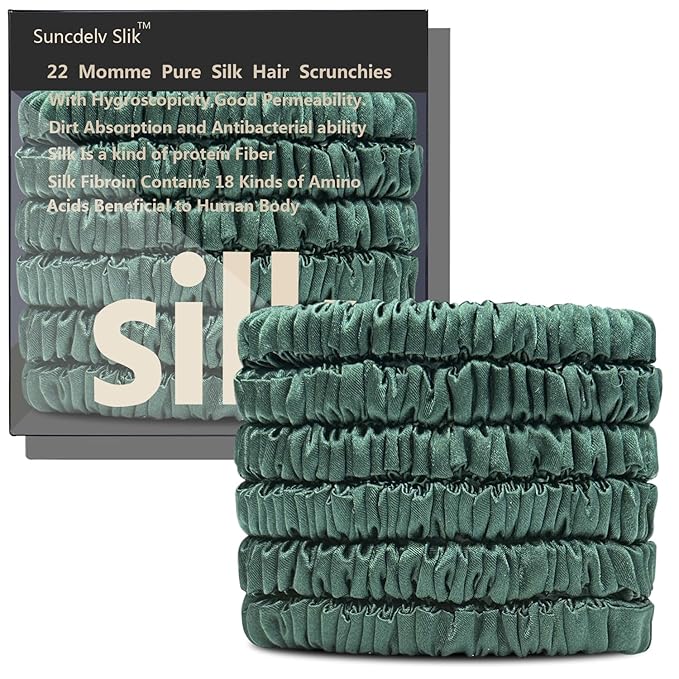 Suncdelv Silk,100% Silk Scrunchies for Hair,22 Momme Hair Ties for Anti-Crease & Breakage,Natural Women Hair Accessories，Fashion Hairbands 6PCS（Blackish Green）