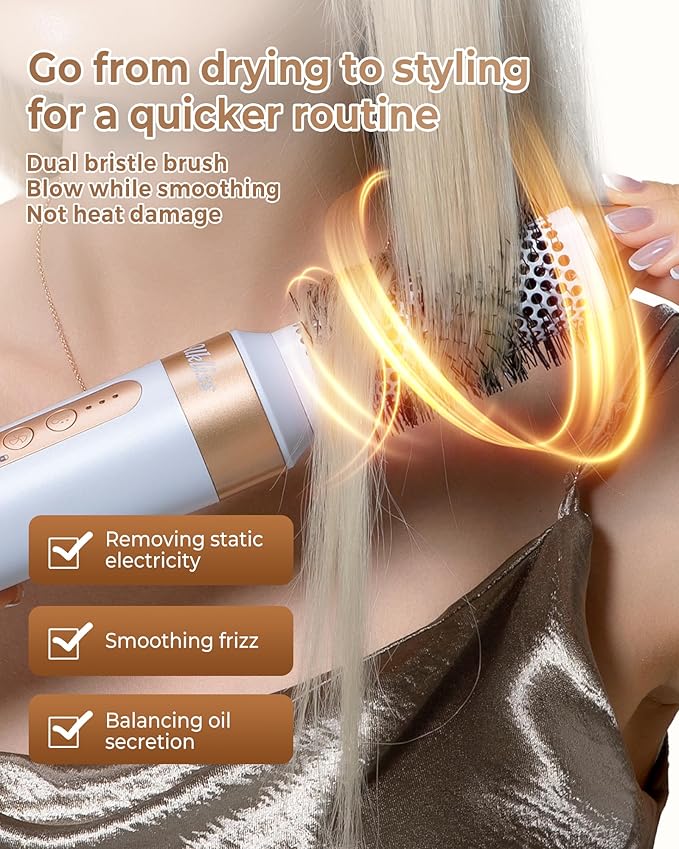UKLISS Hair Dryer Brush 7 in 1，110000 RPM Hair Dryer with Diffuser for Curly & Twisted Hair Professional Ionic Brush Blow Dryer for Salon-Quality Styling, White Gold