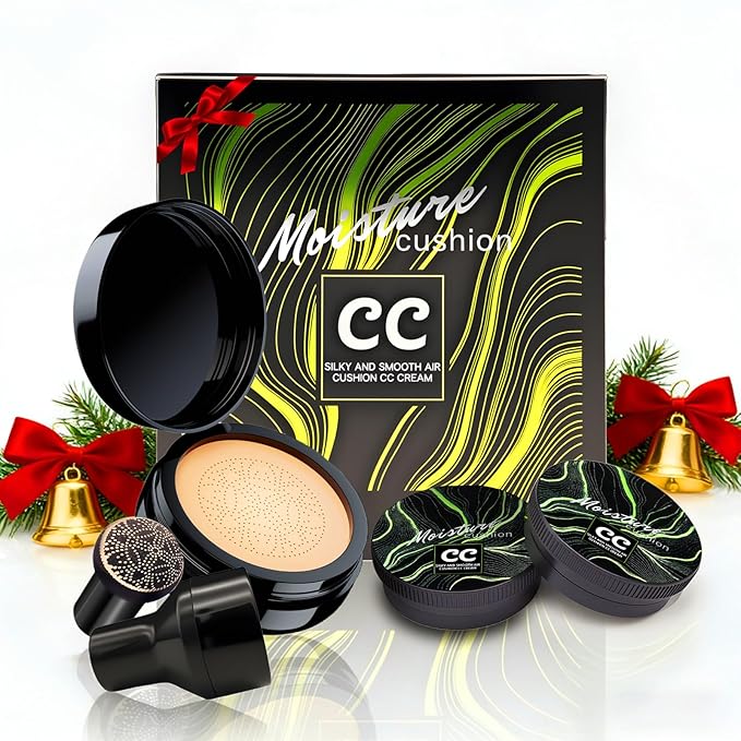 Mushroom Head Air Cushion CC Cream Christmas Gifts for Women, 1 Full-Size Makeup Foundation with 2 Refills & 1 Special Mushroom Head Puff, Upgraded Ingredients Long-lasting (Natural, 0.71 Fl Oz*3)