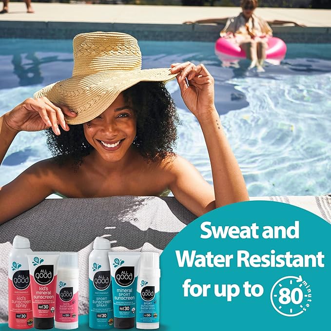 All Good Sport Face & Body Sunscreen - UVA/UVB Broad Spectrum, Water Resistant, Coral Reef Friendly - 30 SPF Sunscreen Spray & 50 SPF Butter Stick