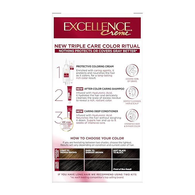 L'Oreal Paris Excellence Crème Permanent Hair Dye, Triple Care Hair Color with Pro-Keratine Complex for 100% Gray Hair Coverage, 1 Black, 1 Kit