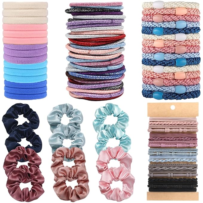 Hair Ties for girls 5 styles Hair Elastics(15 No Damage Hair Ties 50 High Elastic Ties 15 Ponytail Holders 12 Satin Scrunchies 20 Boho hair Bands)Pain-free No Crease multiple colors for all hair types