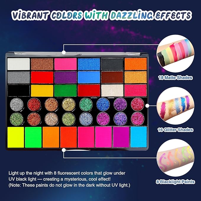 Professional Face Painting Kit – 42 Color Water-Activated Face Paint Makeup Palette with Stencils, Gems & Brushes – Non-Toxic Body Paint for Parties, Festivals, School Events & Carnival