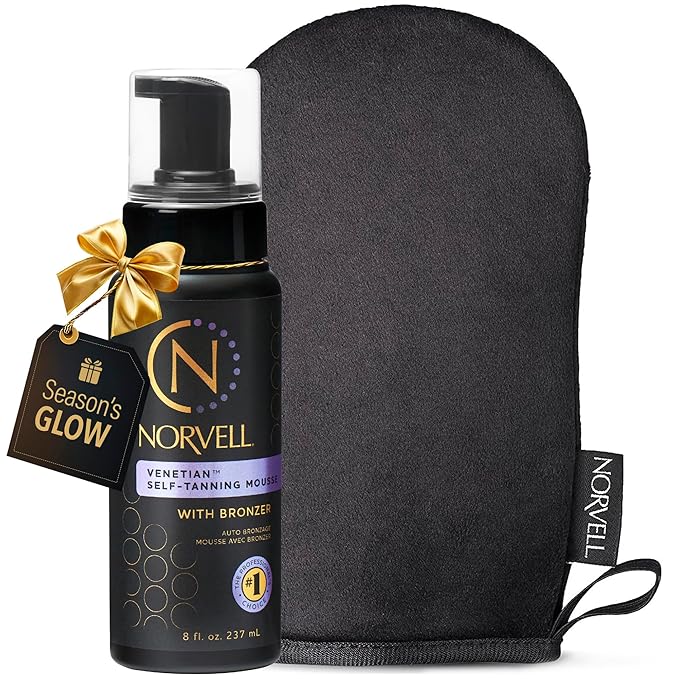 Norvell Venetian Self Tanning Set – 8 Fl Oz Mousse with Bronzer and Reusable Applicator Mitt for Natural-Looking, Streak-Free Tan